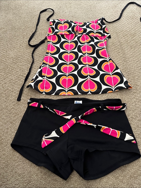Malibu Other - Malibu Pink, Black & White Retro Heart Tankini with Black Swim Shorts